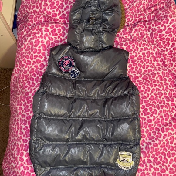 Victoria’s Secret PINK 2000s Grey Vest with Fur Detachable Hood Size Large 🎿🩷❄️ - Picture 3 of 8